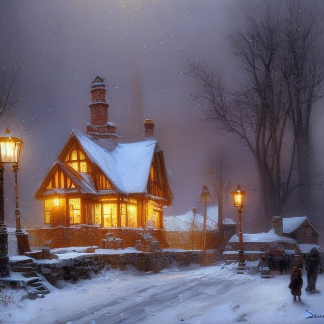 Cozy Winter Cottage: Hyper-Detailed Oil Painting