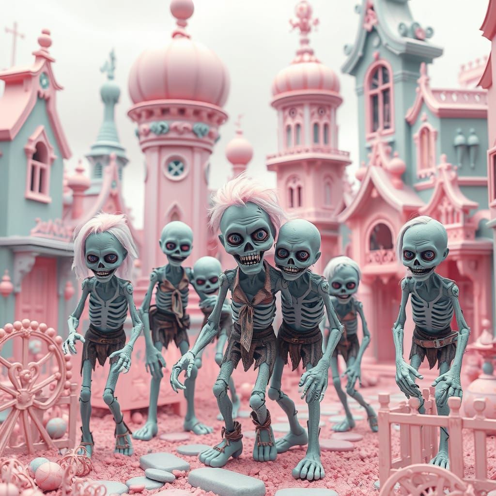 Pastel Zombies in a Barbiecore Cityscape