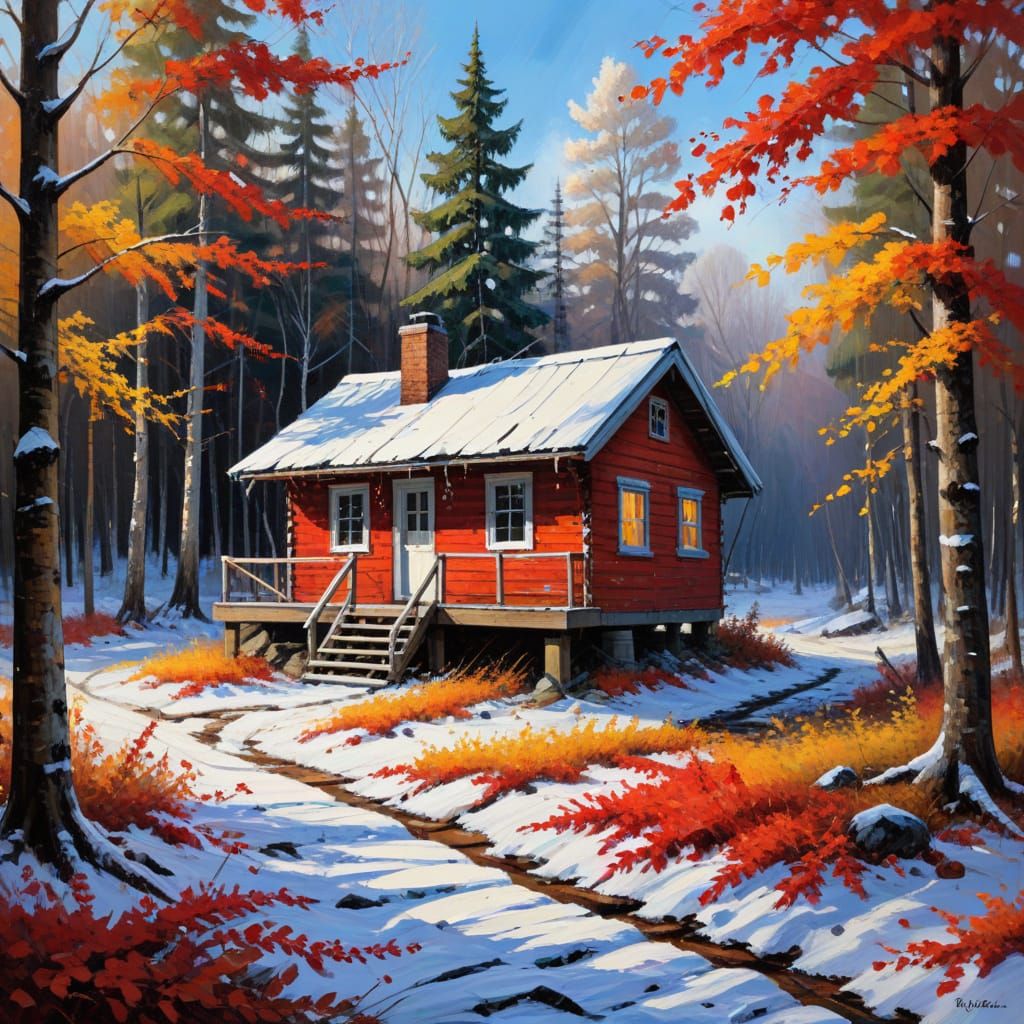 Winter Cabin in Woods: Expressive Impasto Painting