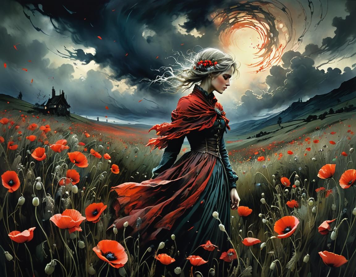 Stormy Poppy Field Illustration with Swirling Petals