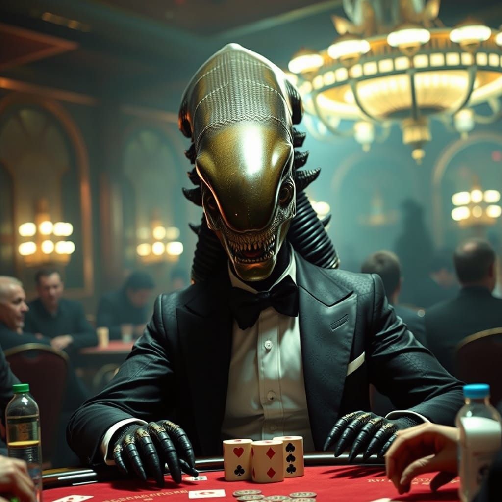 Epic Xenomorph Portrait at a High-Stakes Poker Tournament