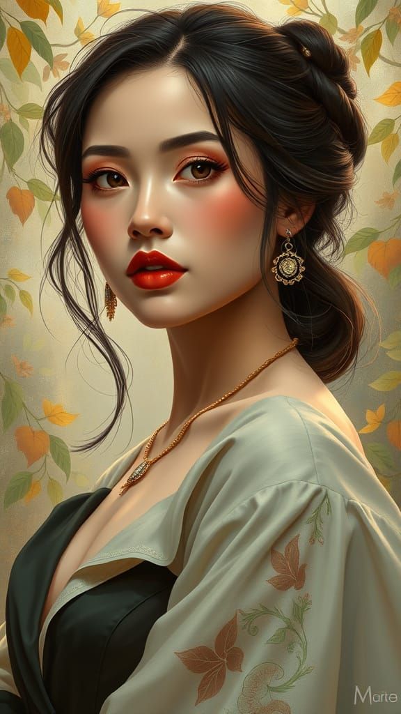 Elegant Woman with Muscular Chin in Art Nouveau Style