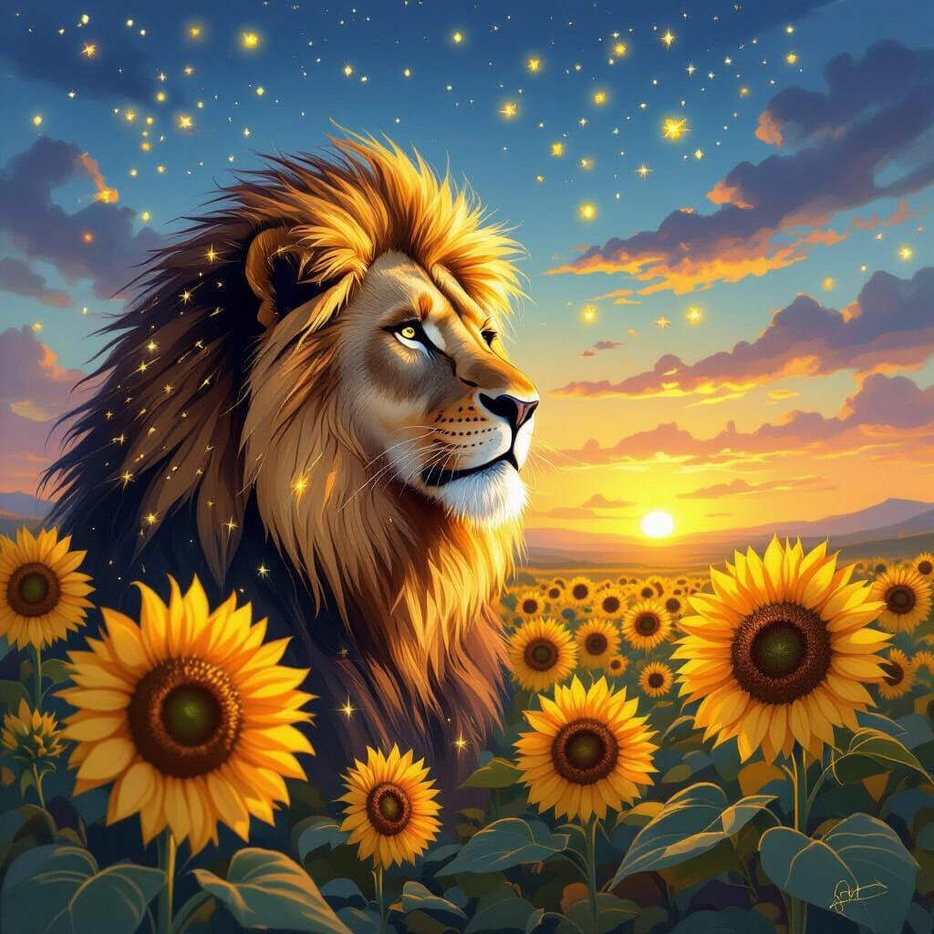 Lion with Stardust Mane and Sunflowers, Oil Painting