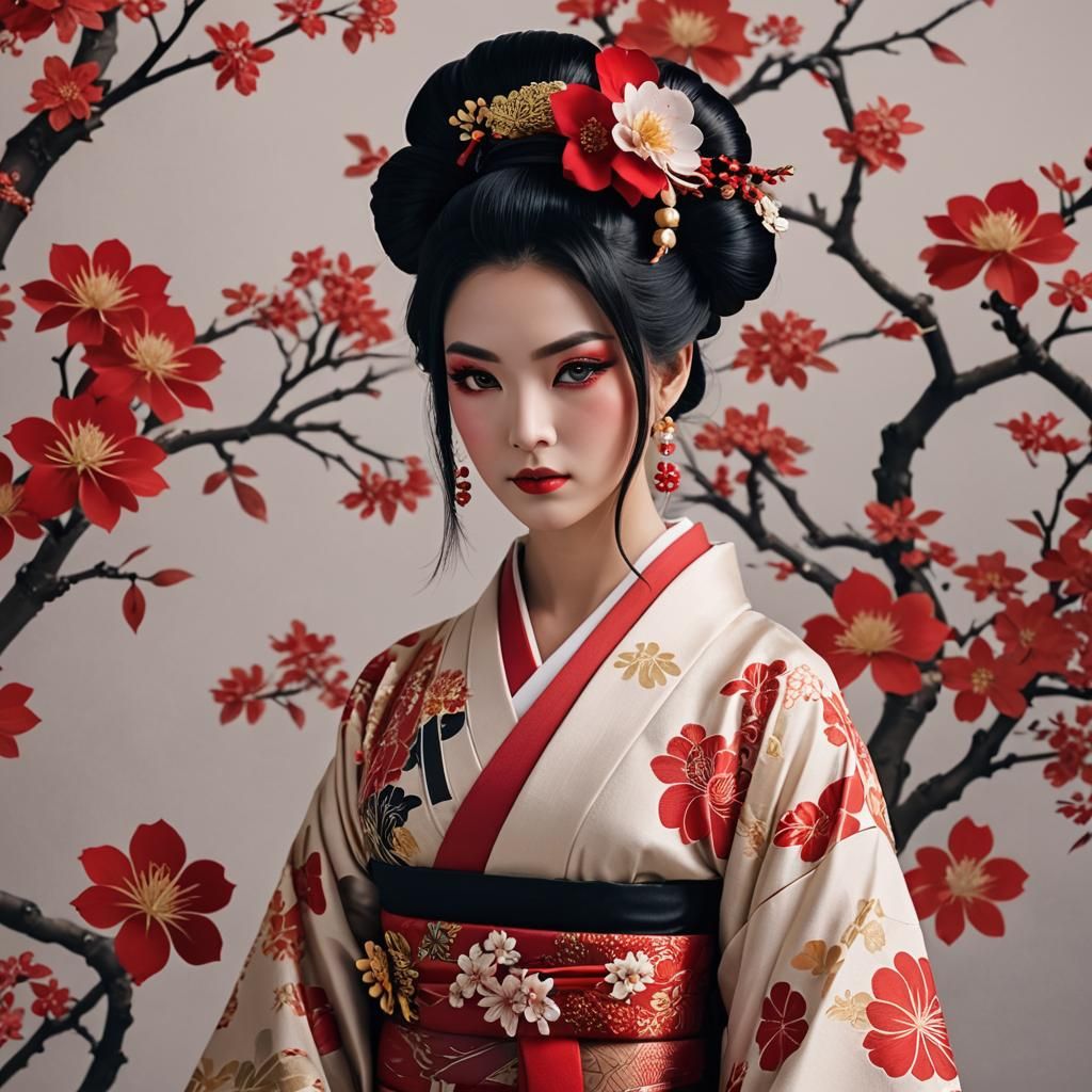 Young Woman in Kimono with Red Eyes: A Cinematic Photo
