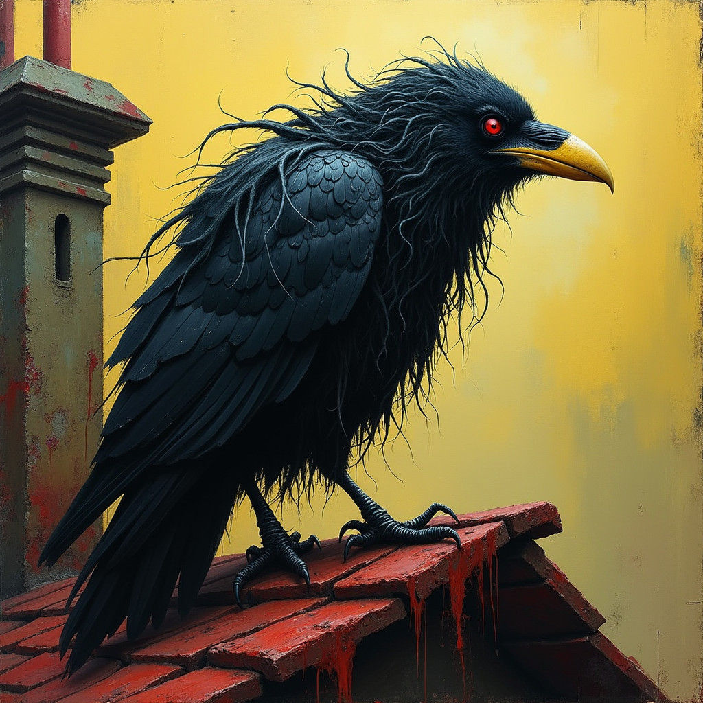 Eerie Raven on Weathered Roof in Abstract Expressionism