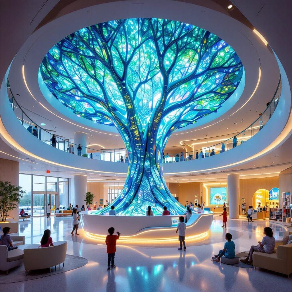 Futuristic Children's Hospital Lobby with Bioluminescent Tre...