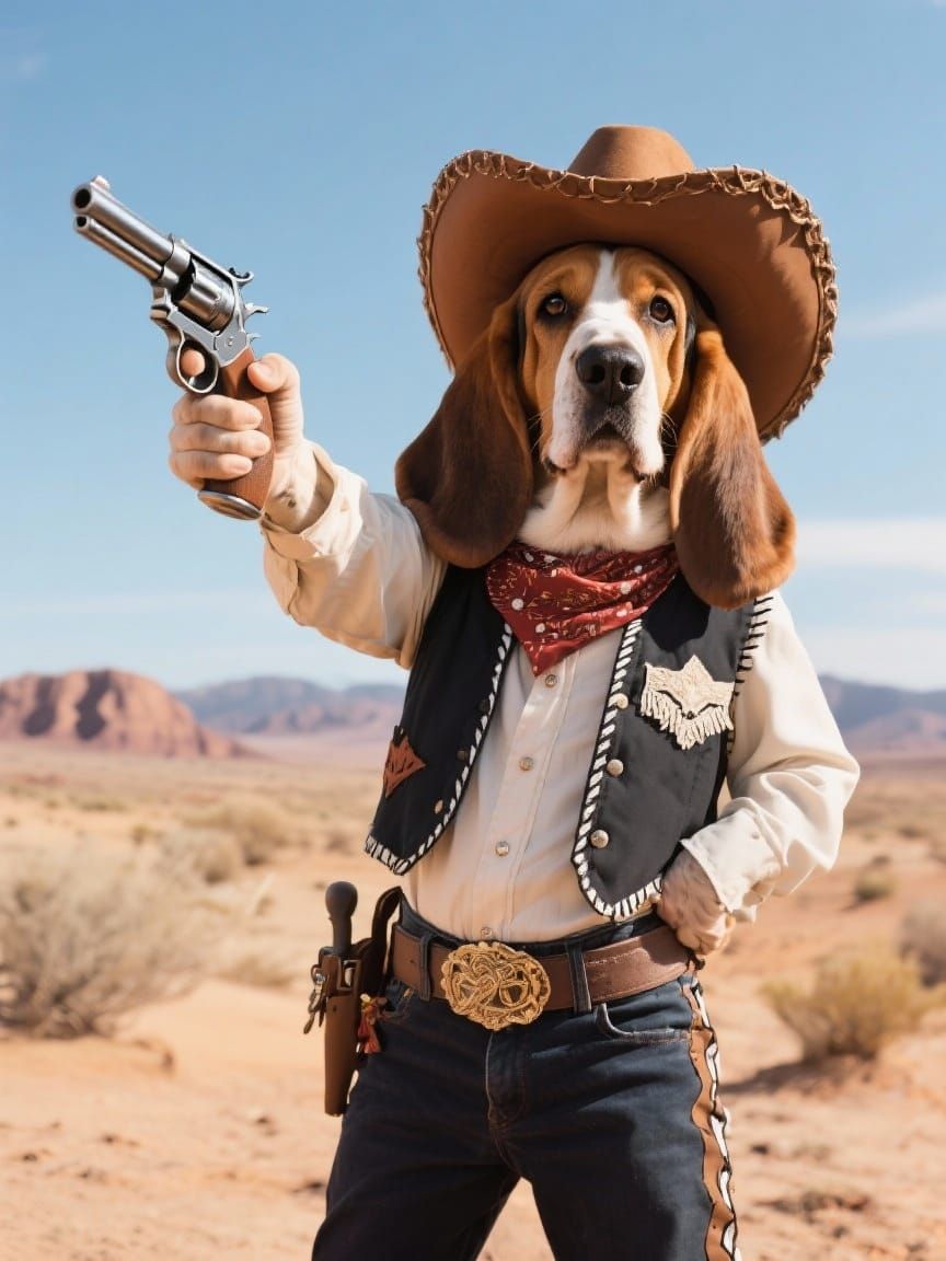Sweet looking Basset Hound wearing  cowboy outfit standing i...