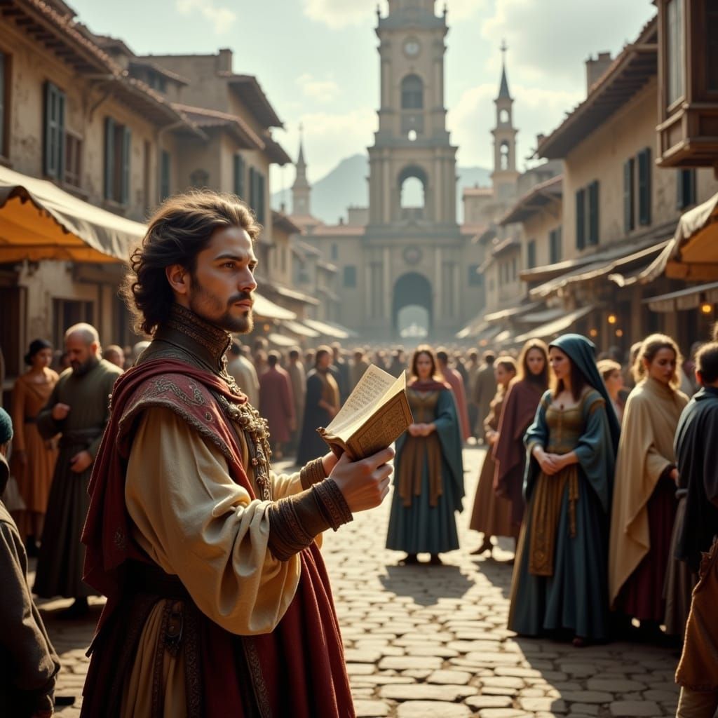 Renaissance Marketplace Scene with Shakespeare Reciting Sonn...