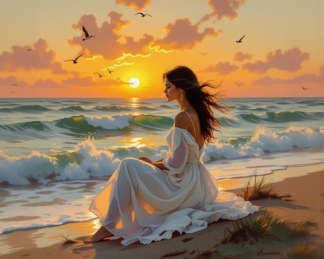 Girl by Sea at Sunset: Oil Painting Style