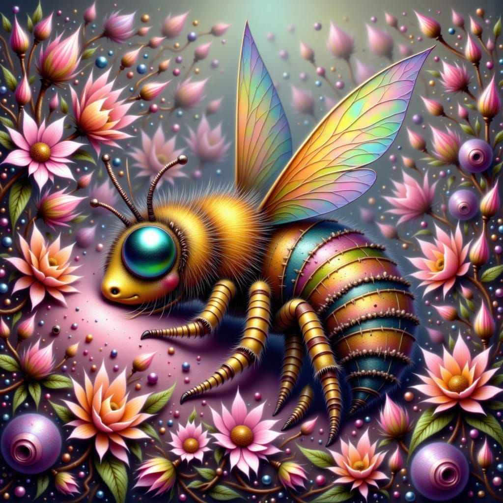 Sleepy Bee Snuggled in Floral Blanket