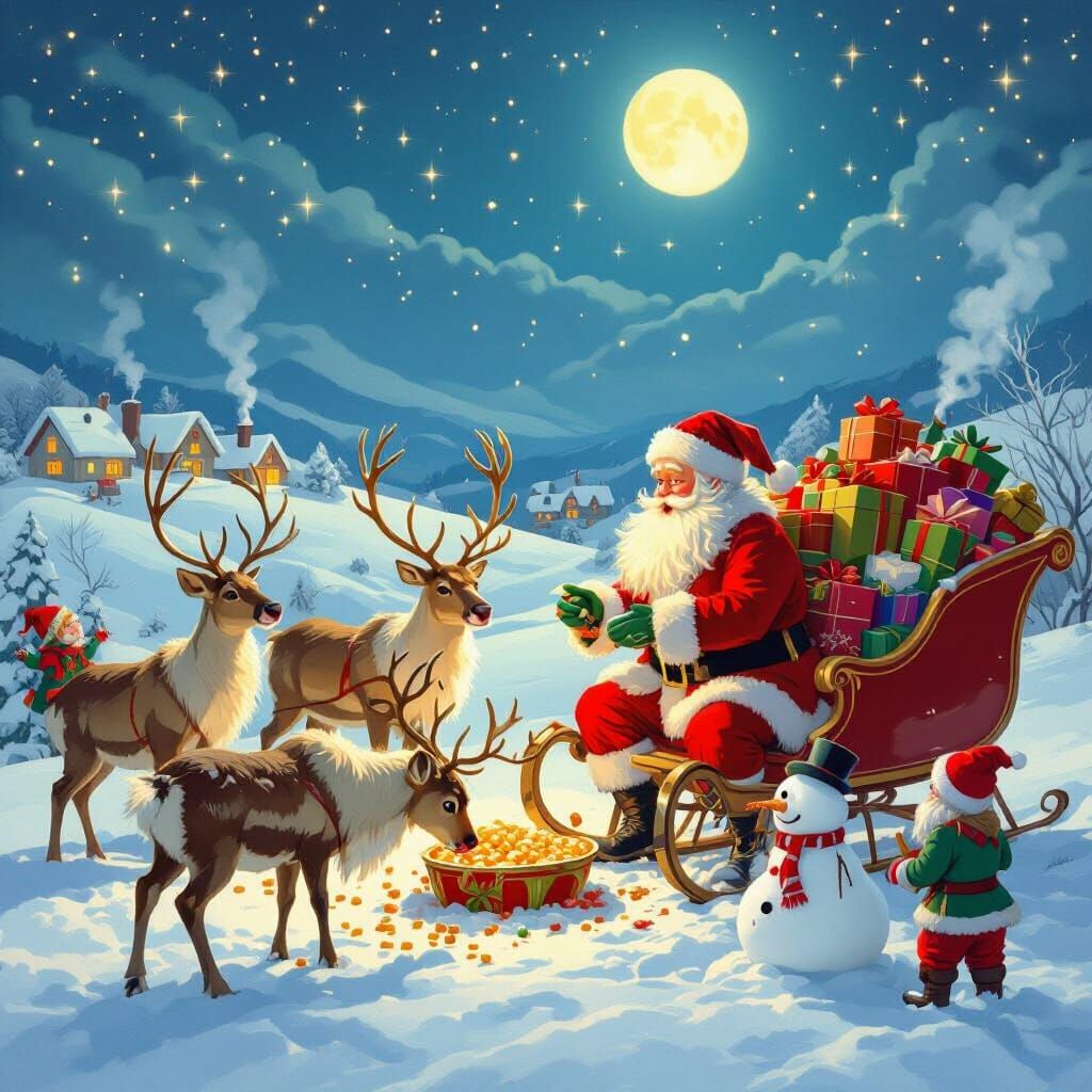 Santa Claus Feeds Reindeer Under Moonlit Sky