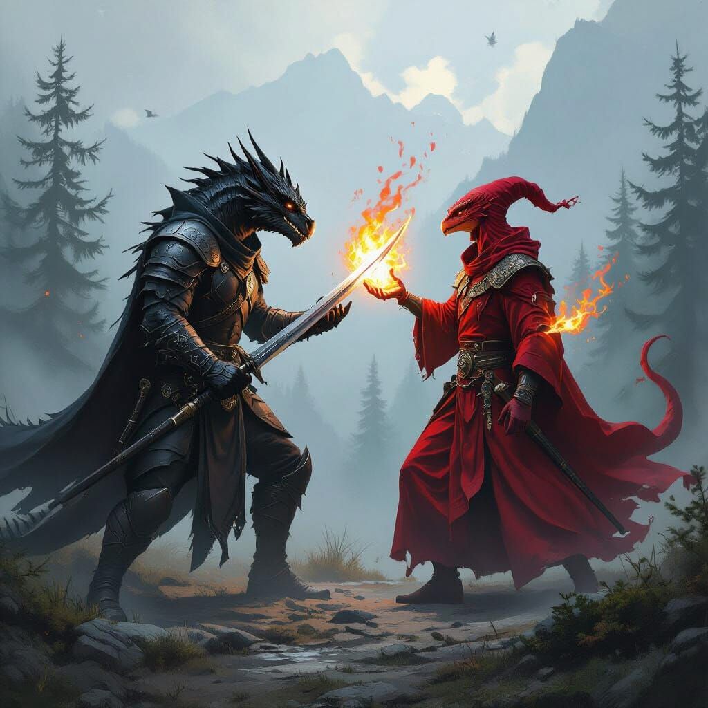 Dragonborn Battle in Misty Forest, Fantasy Realism