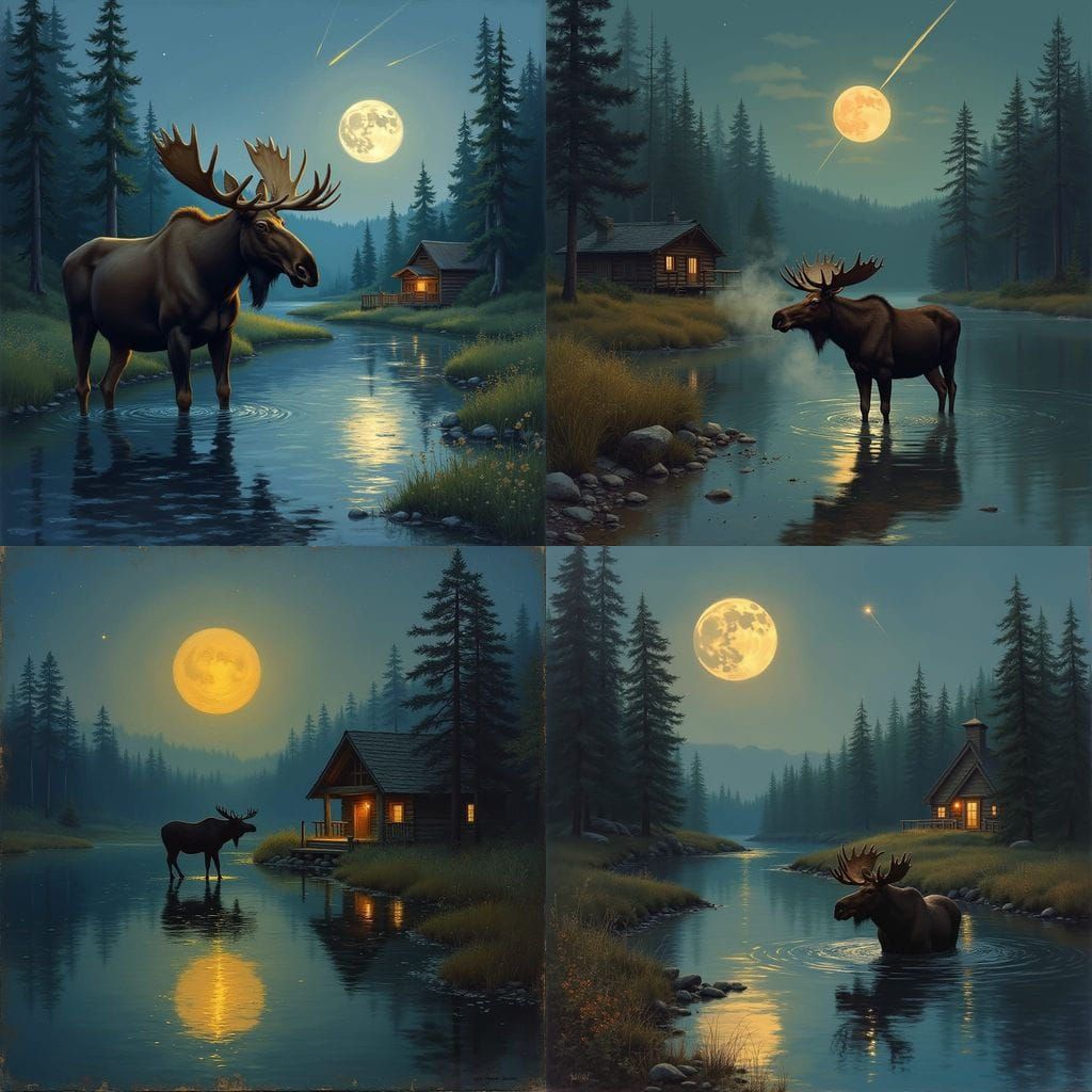 Moose in River Under Moonlight: Oil Painting