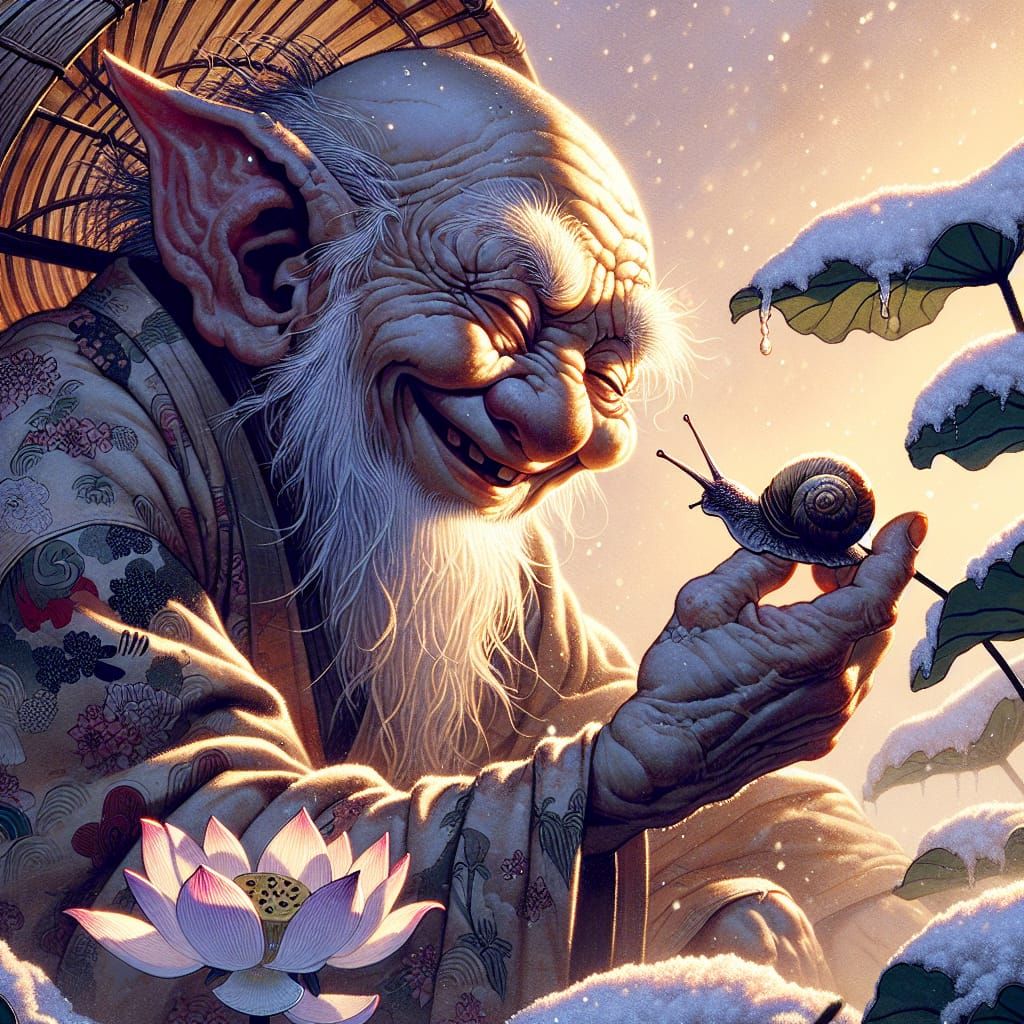 Gremlin and Snail with Lotus Petal in Ukiyo-e Style