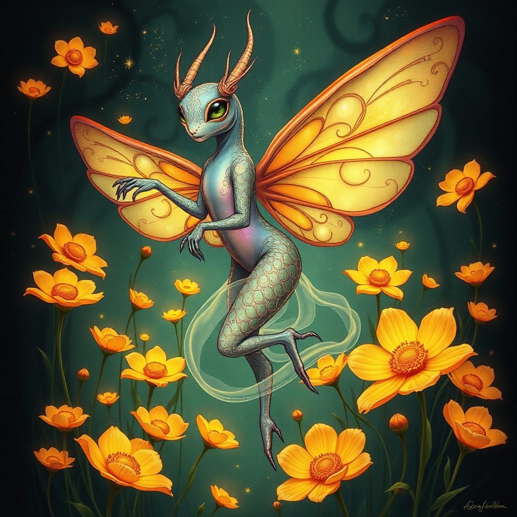 Enchanting Art Nouveau Creature with Iridescent Patterns and...
