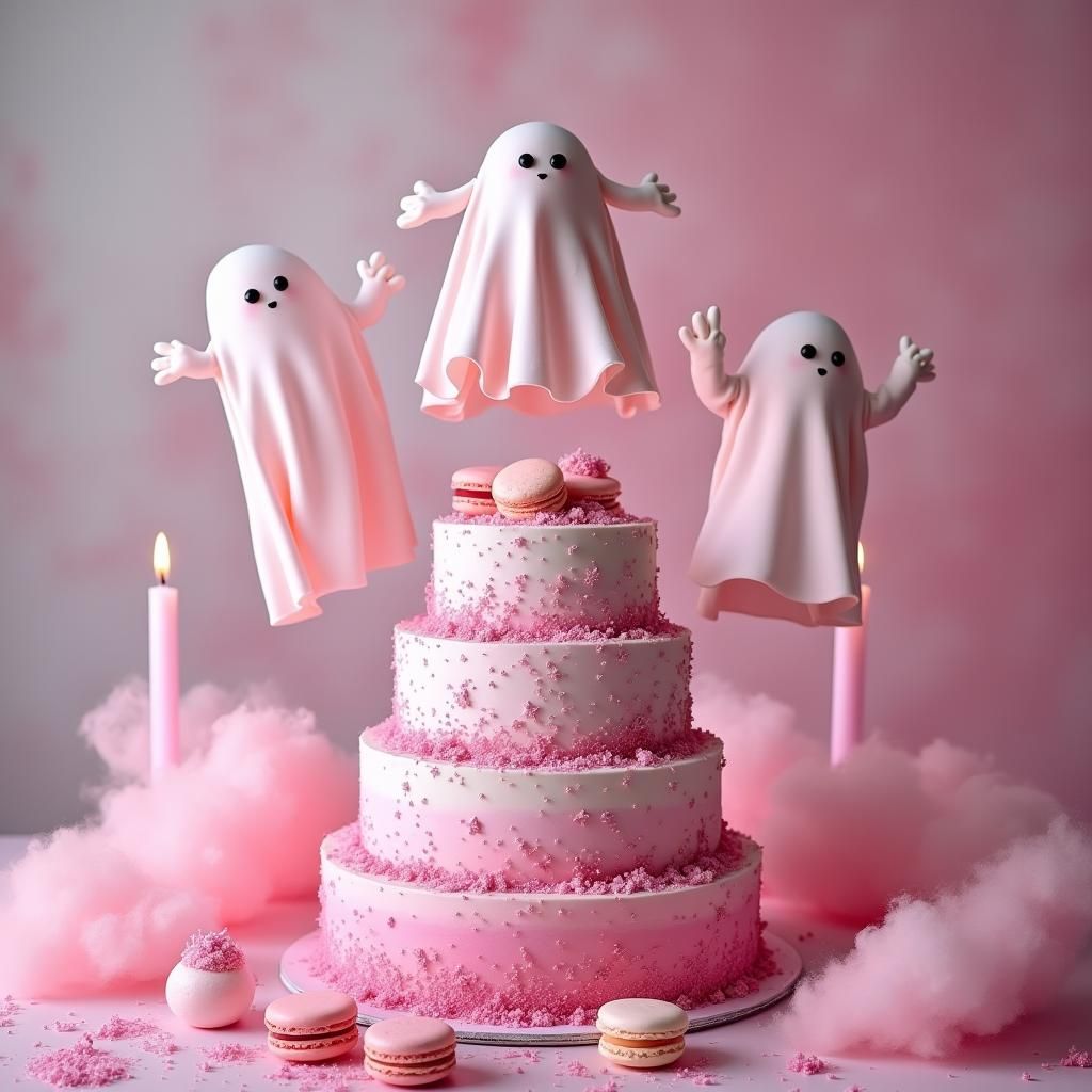 Pink Ghosts Above Pink Cake with Moon Sprinkles
