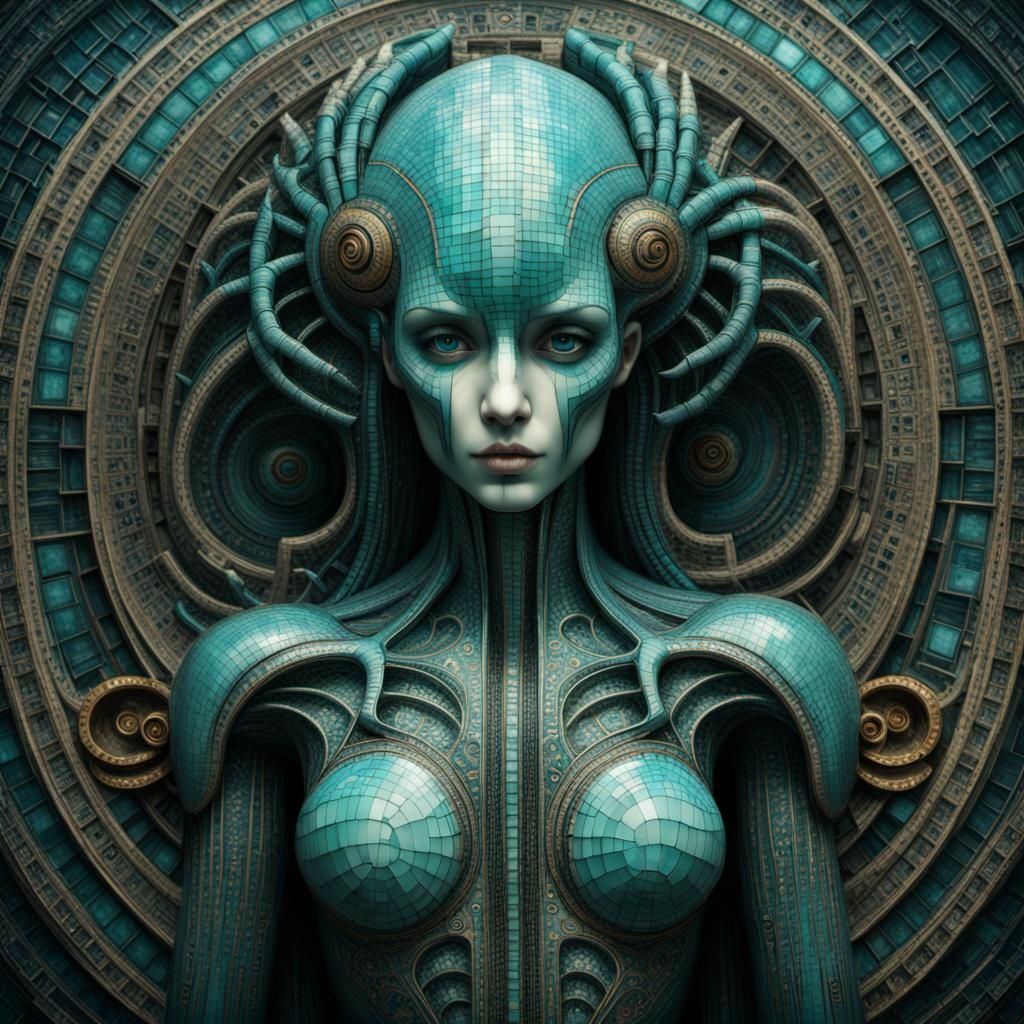 Mosaic Tile Fibonacci Humanoid in Dark Fantasy Style