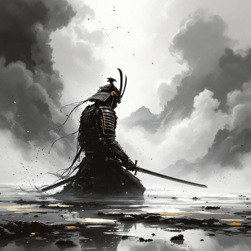 Photorealistic Samurai in Sumi-e Ink Wash Clouds