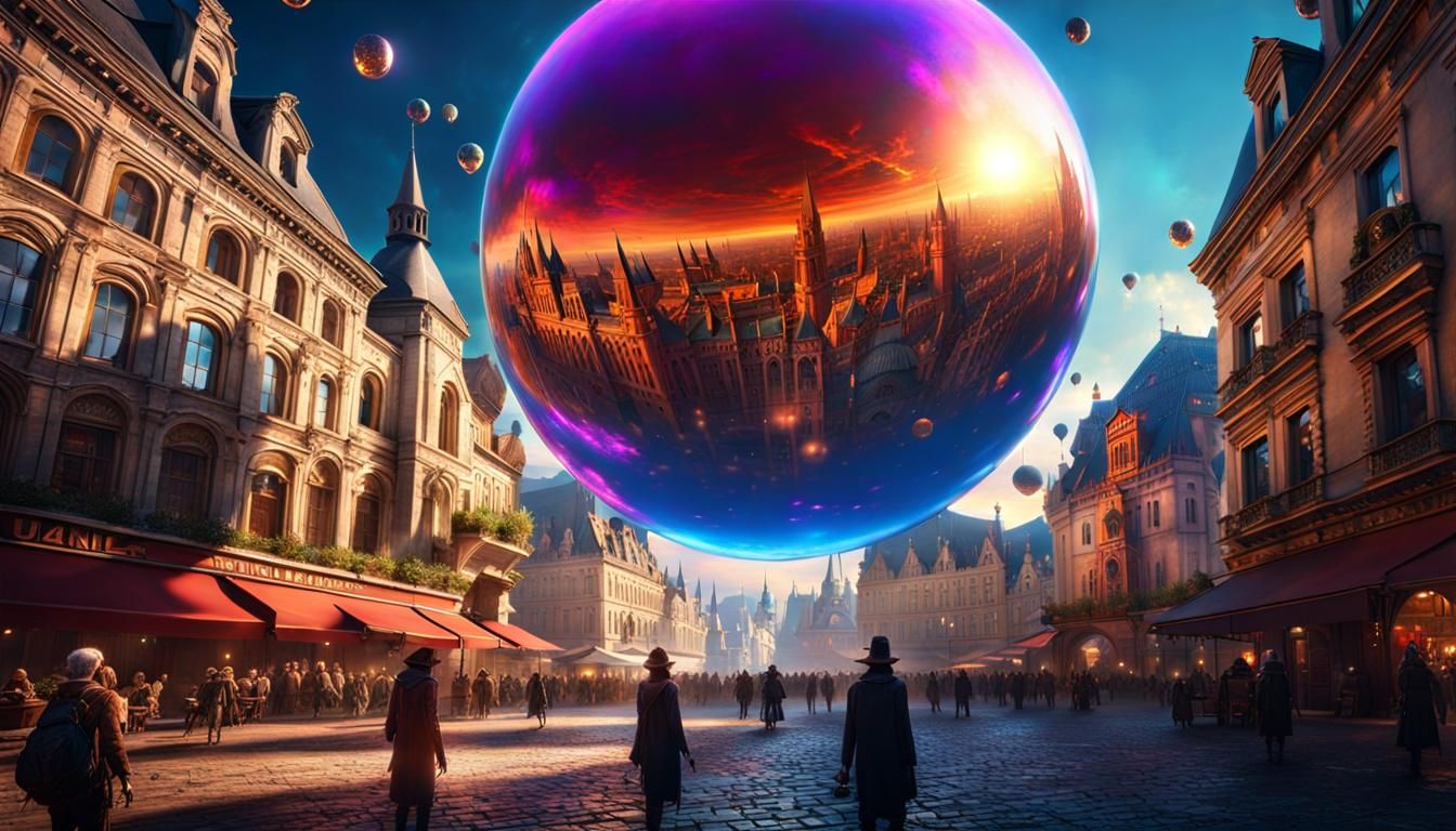 Reflective Sphere Floats Above Town Square: Digital Art