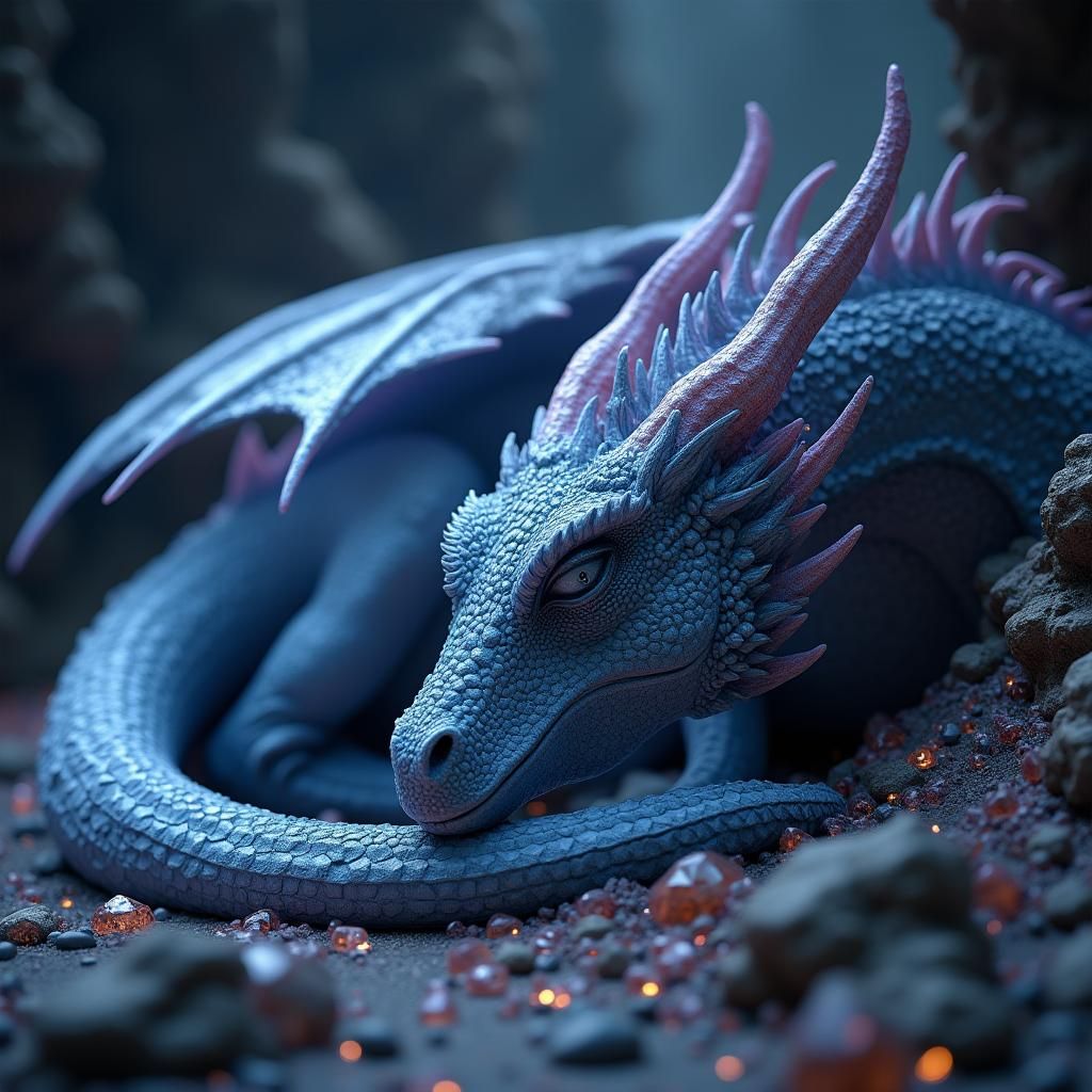 Blue Dragon Slumbering in Crystalline Cave