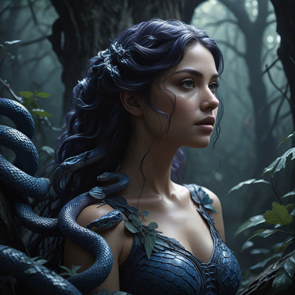 Dark Fantasy Fairy Petrified by Medusa's Gaze in a Haunting...