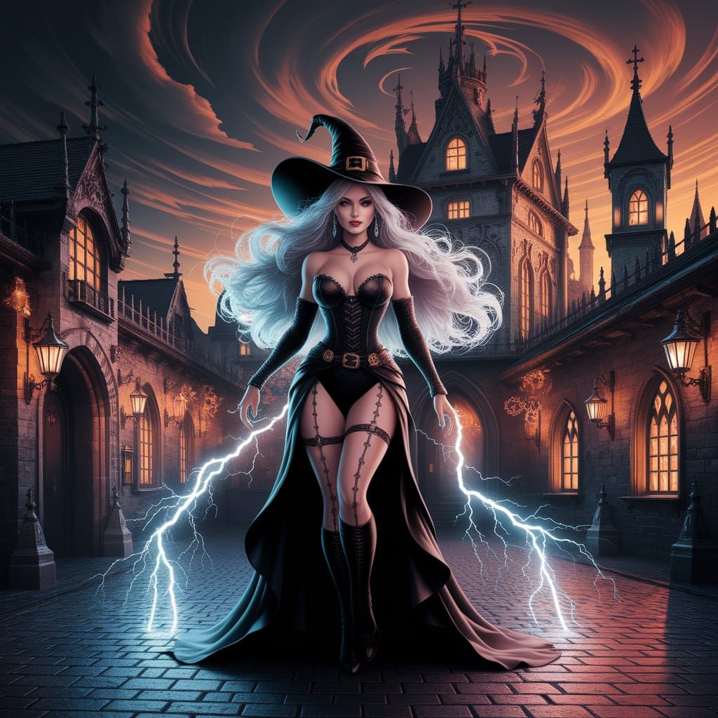 Steampunk Witch Amidst Lightning and Haunted Castle
