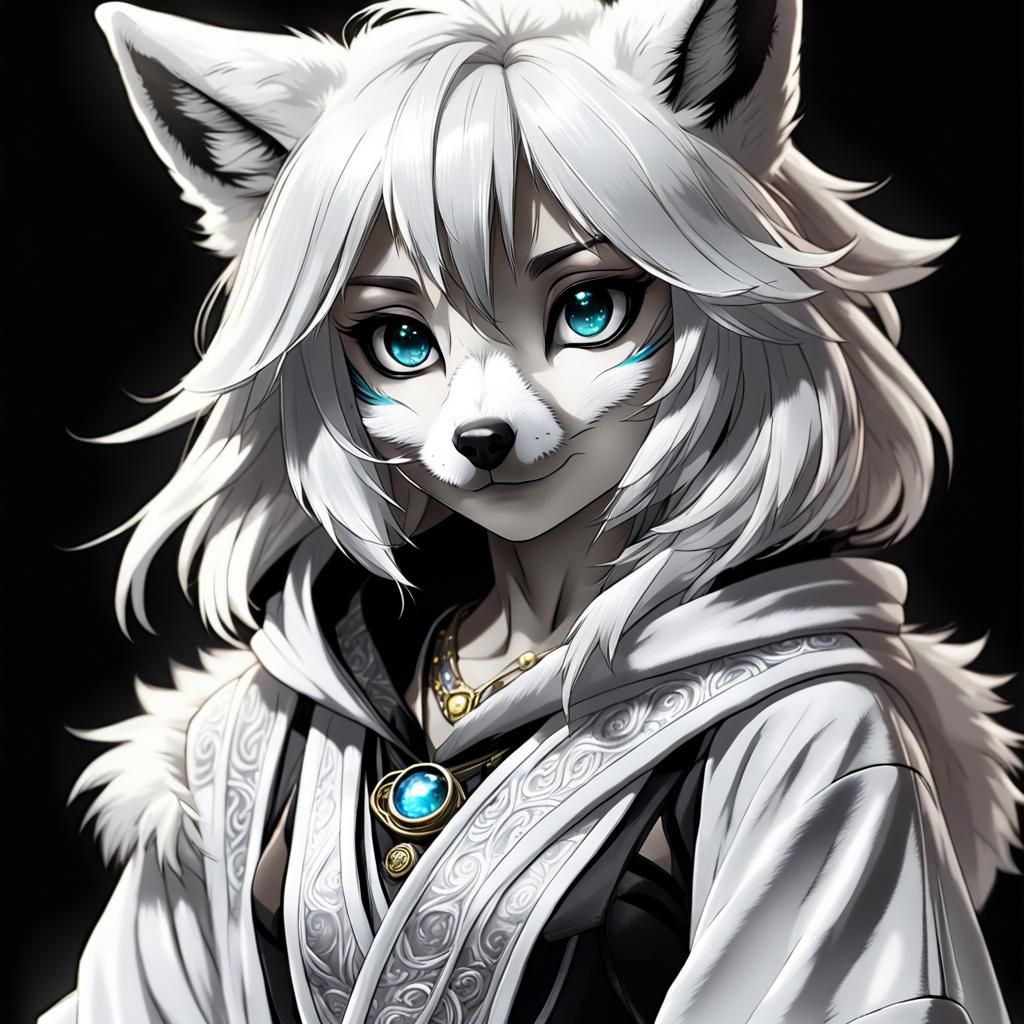 Happy White Wolf Anthro in Anime Art Style