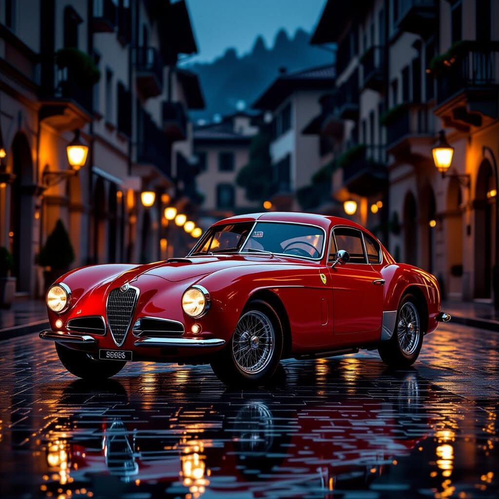 Classic Alfa Romeo 8C 2900 Touring on Wet Italian Street