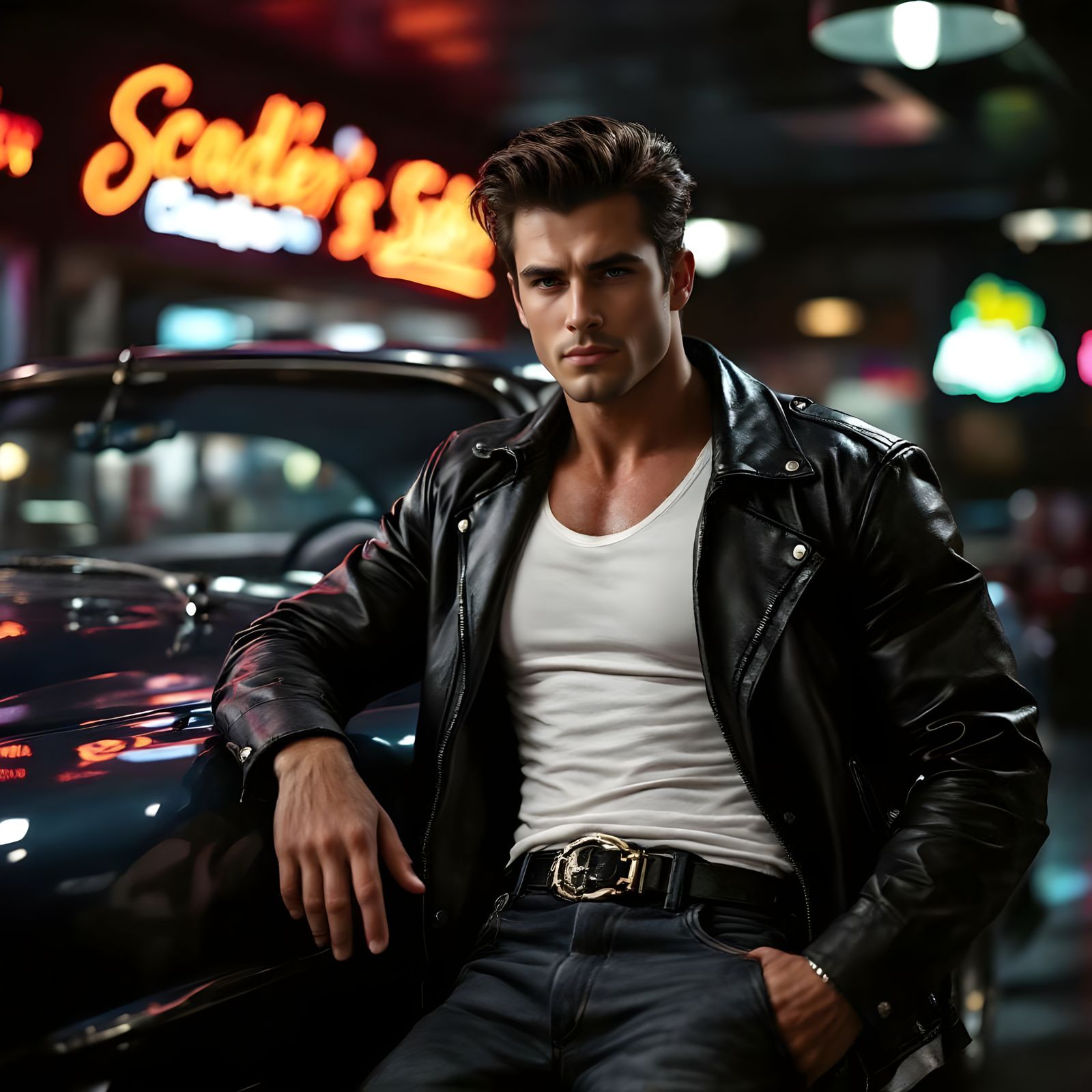 Rebellious 50s Greaser in a Dimly Lit Diner