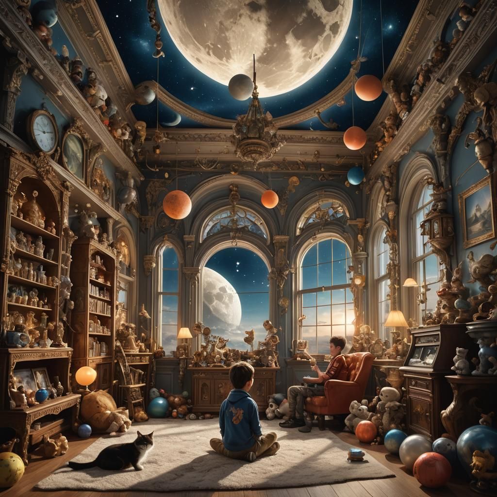 Boy in Moonlit Nursery with Cat, Digital Matte Painting