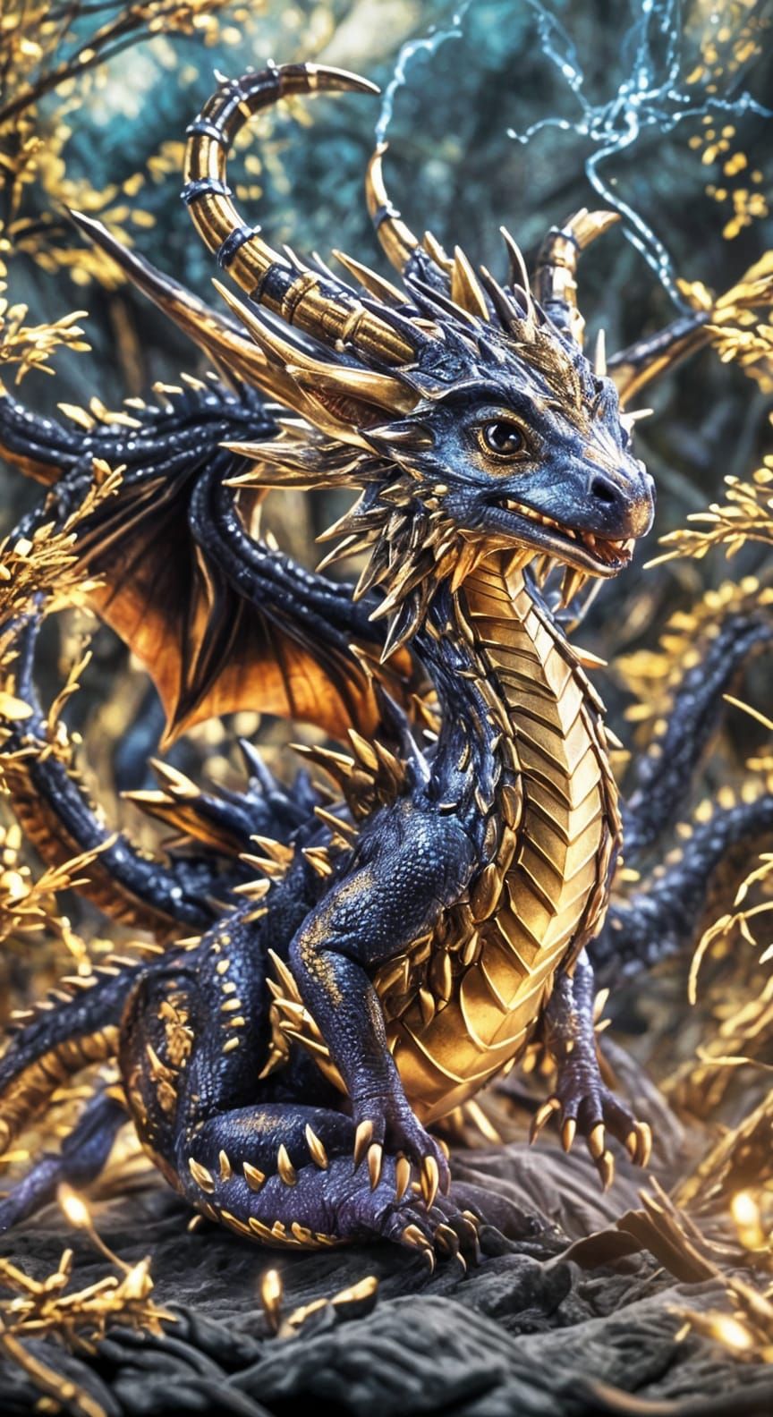 Hyperrealistic Baby Dragon in Dark Blue, Purple, and Gold
