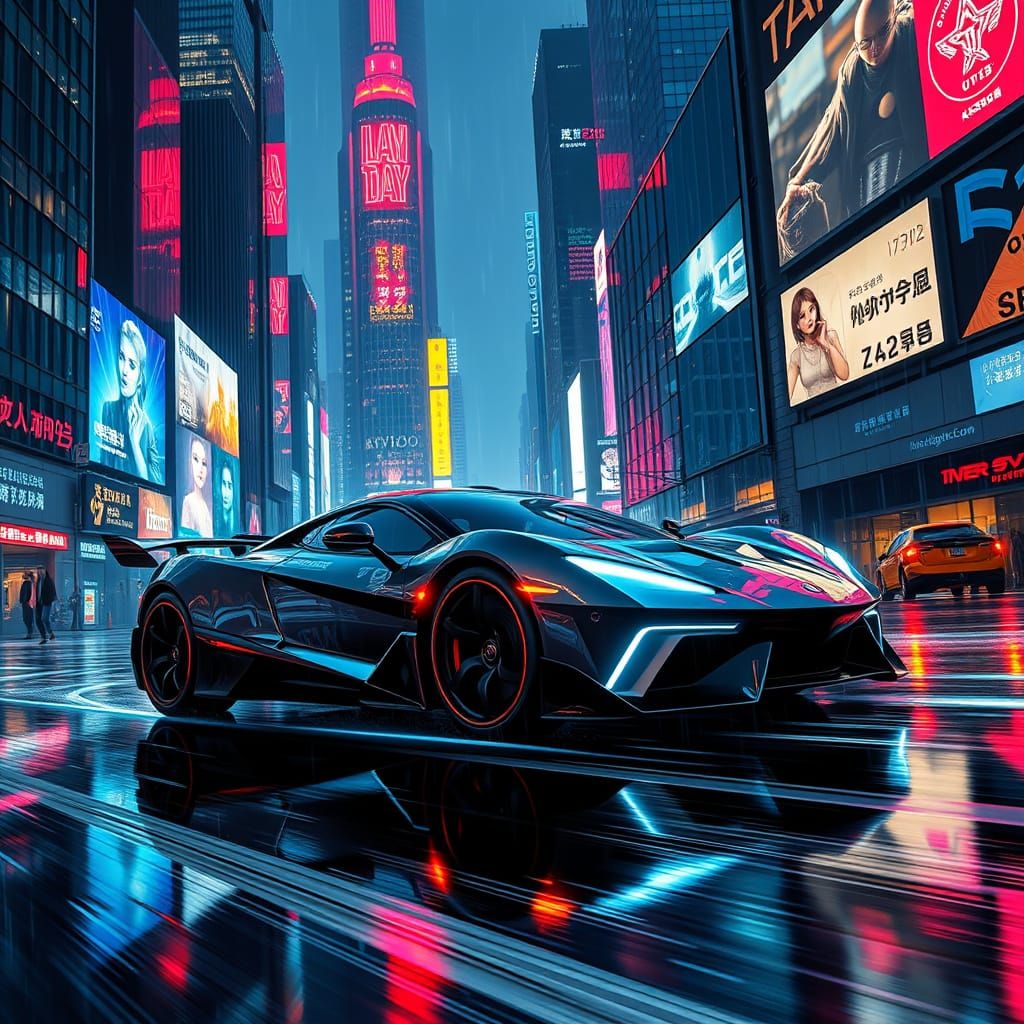 Cyberpunk Sports Car Speeds Through Neon City