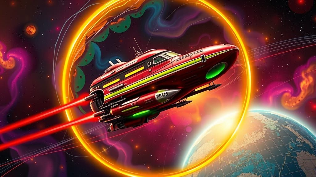 Psychedelic Alien Spaceship Emerges from Golden Hoop