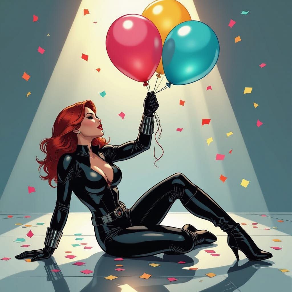 Black Widow Pops Balloon in Comic Book Illustration
