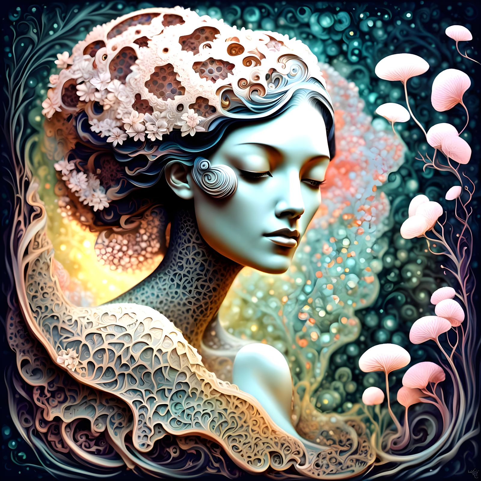 Intricate Geode Spider Art with Retro Model in Landscape