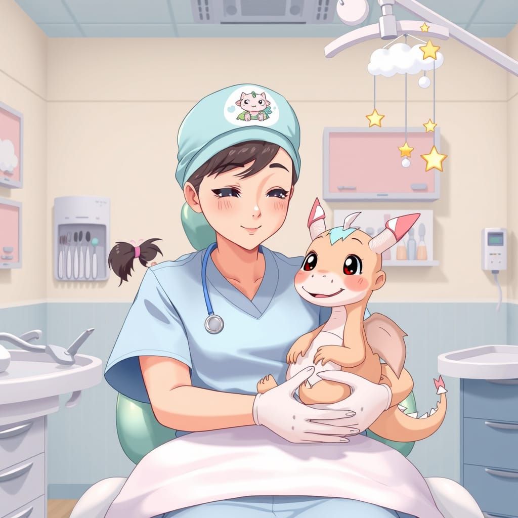Anime-Style Pediatric Dental Scene with Nurse and Dragon