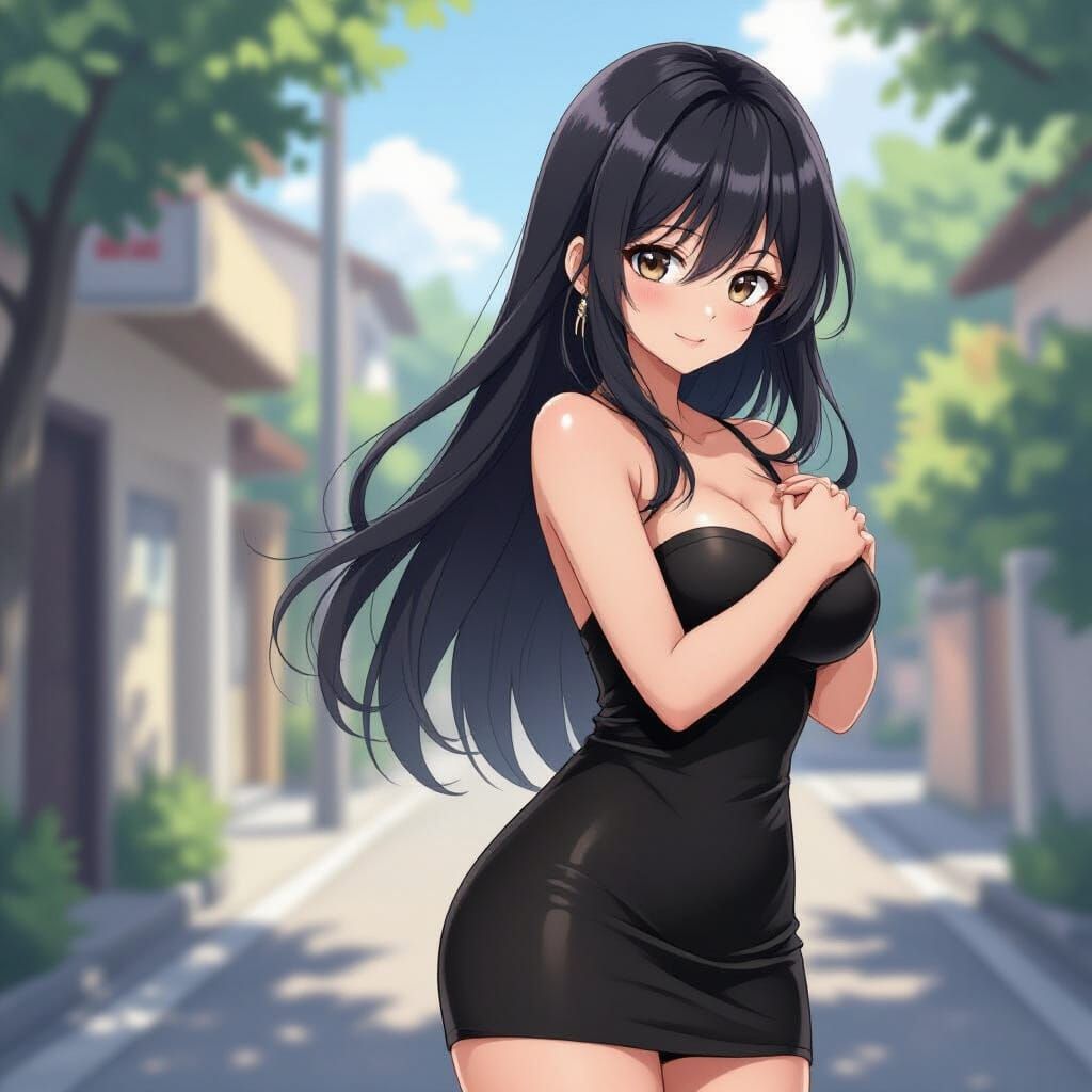 Anime Girl in Black Dress with Voluptuous Figure