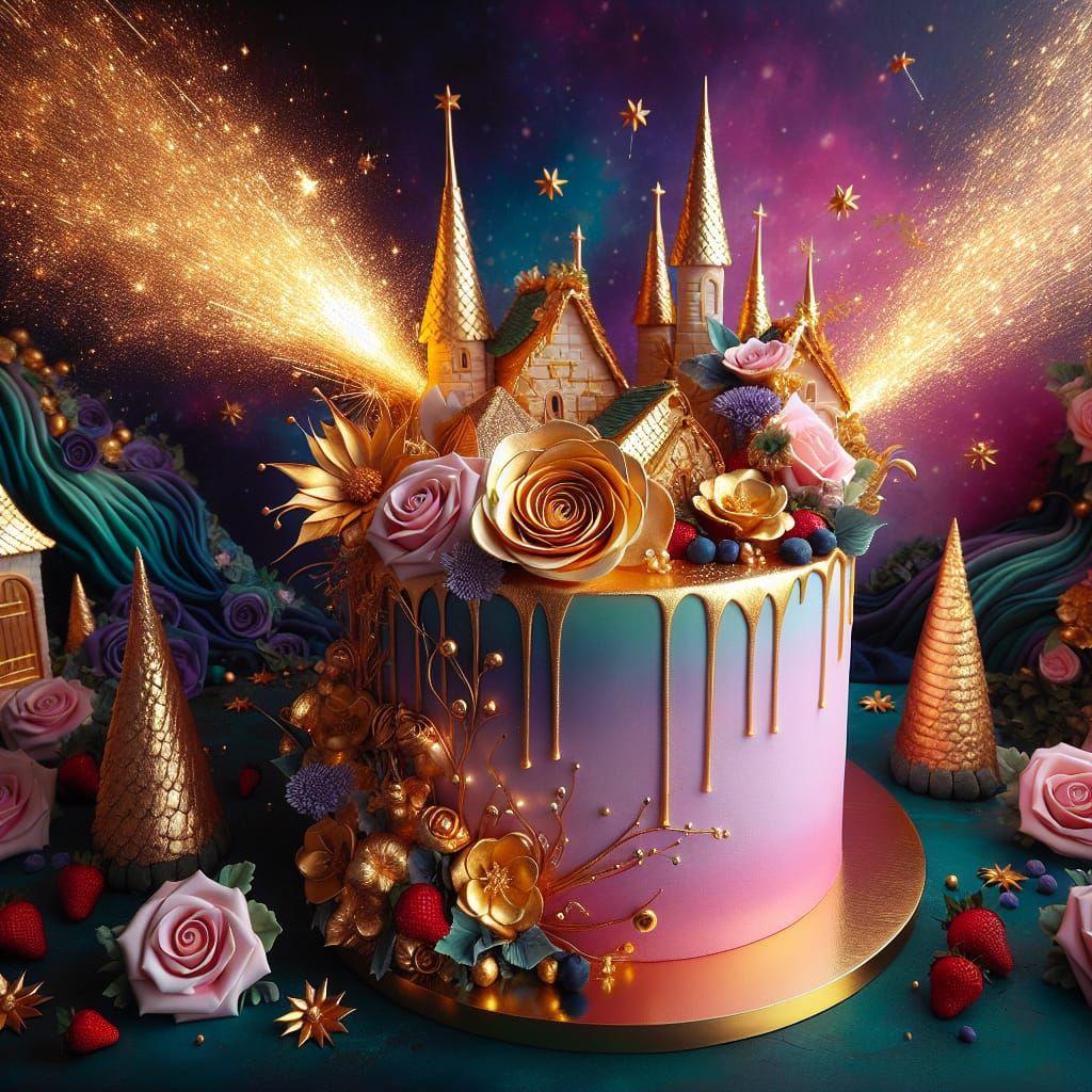 Magical Fairy Village Cake with Gold Star Explosion