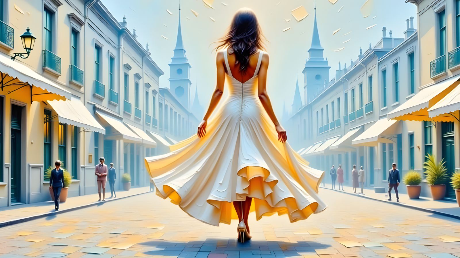 Glowing Woman in Cityscape as Impasto Painting