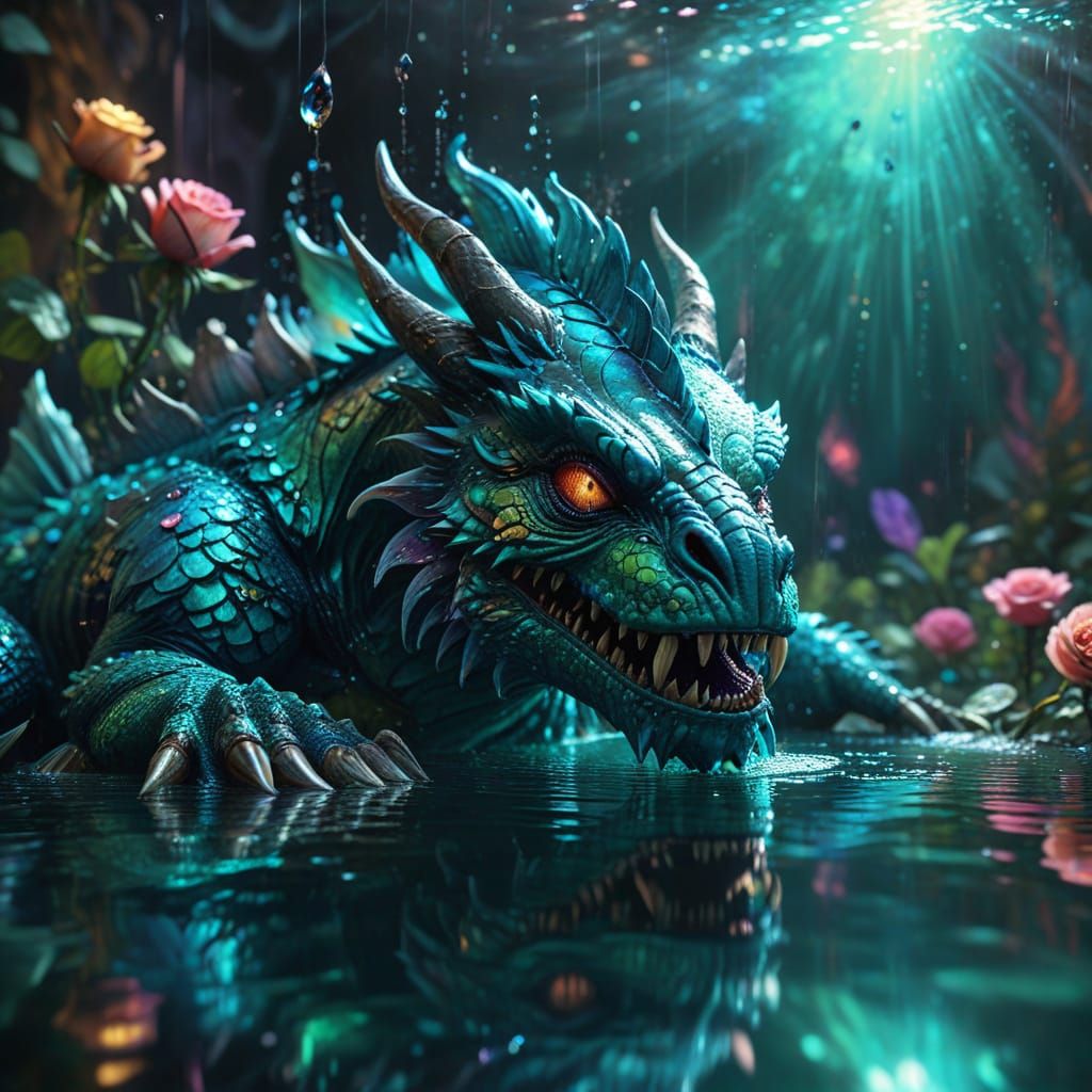 Aqua Monster Rose Mirror Reflection in Splash Art