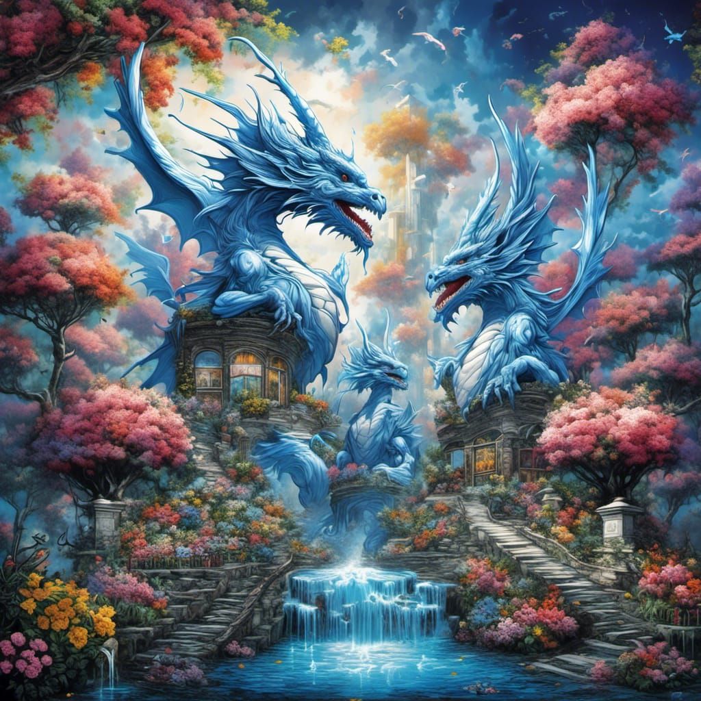 Dragons in Flower Garden Graffiti Art