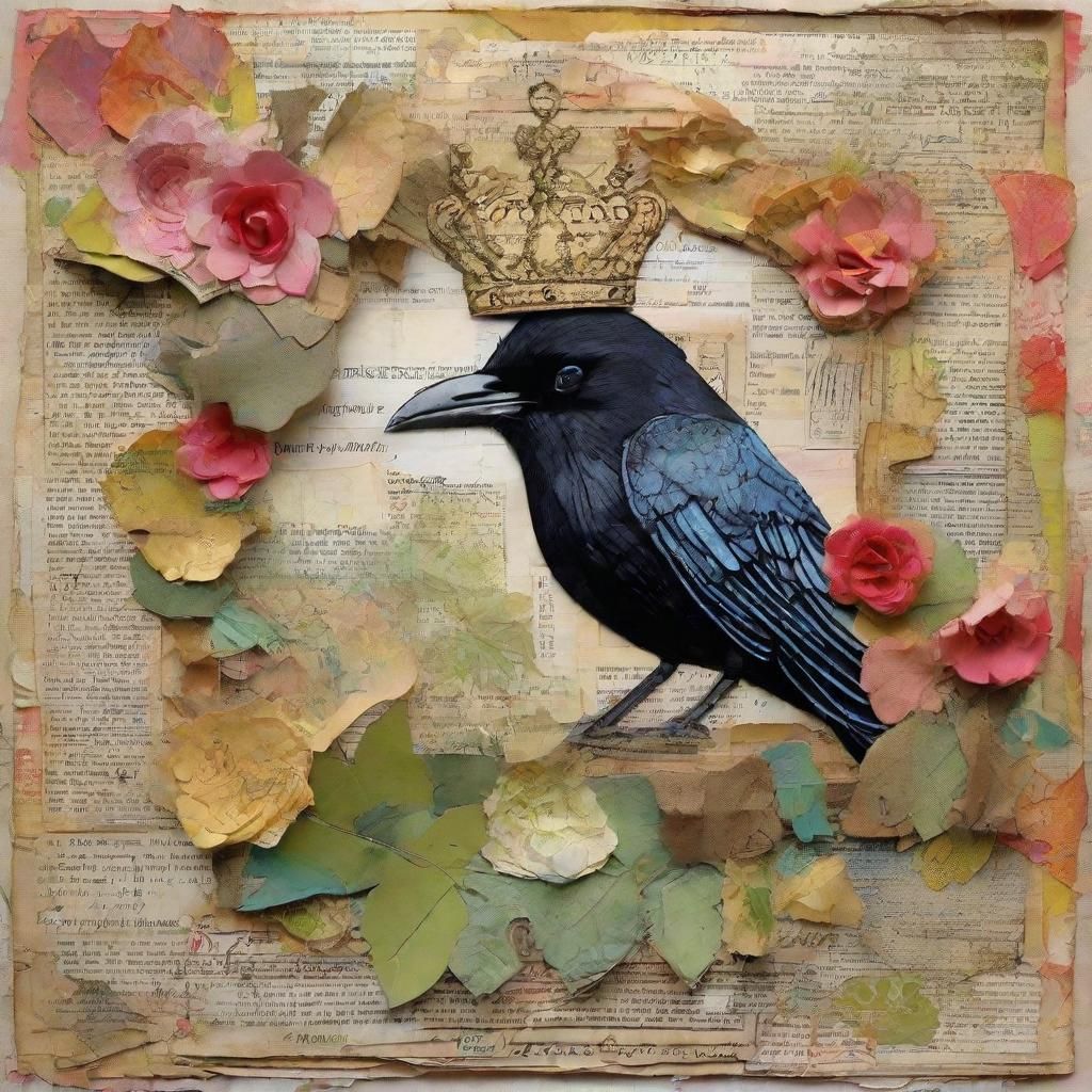 Princess with Raven in Mixed-Media Collage Style