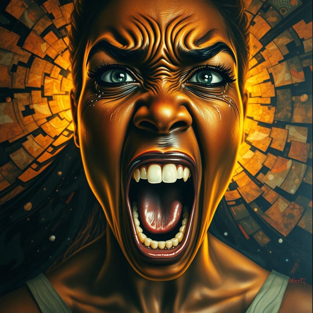 Intense Portrait of a Woman in Agony as Art Nouveau Lines Em...