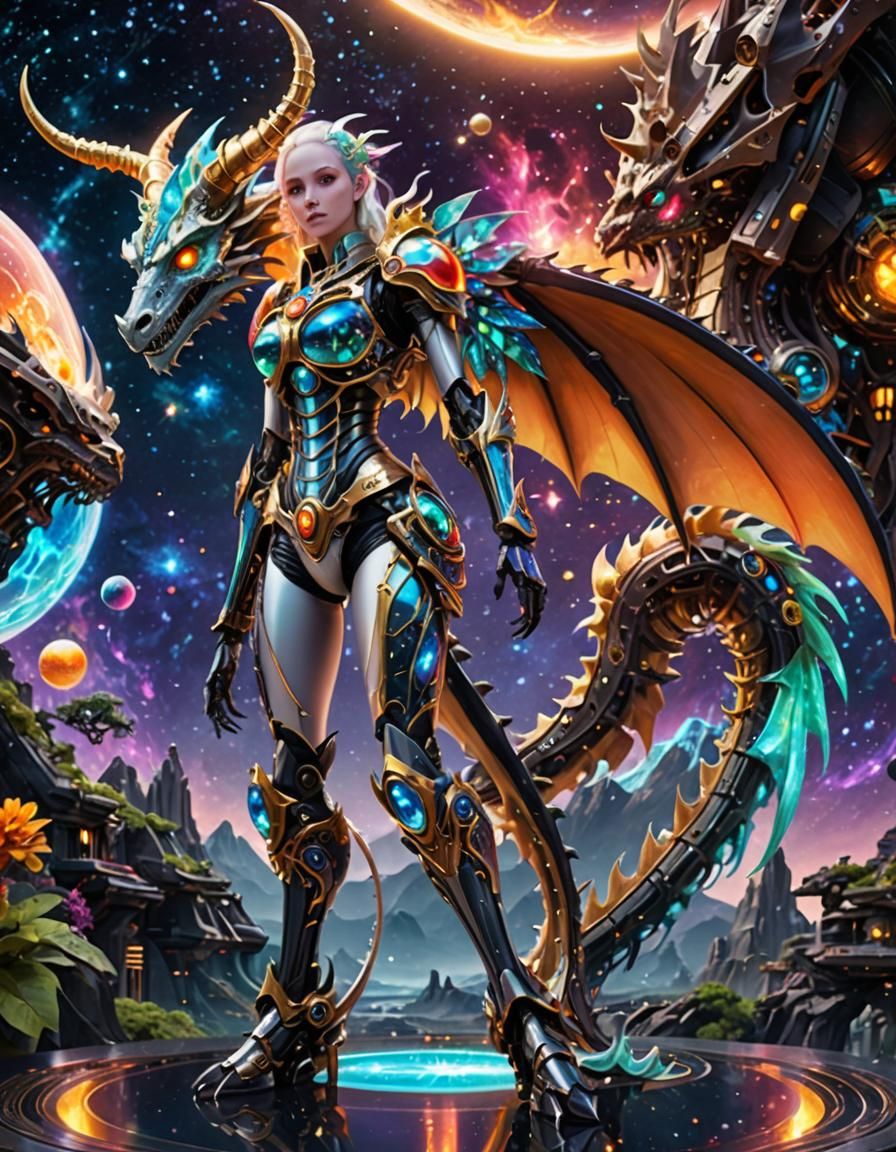 Robotic Dragon Girl with Crystal Skin in Astral Space