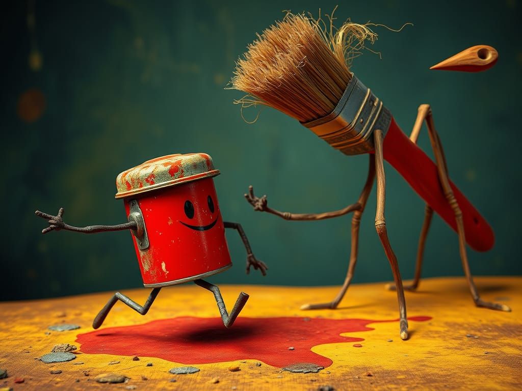 A tin of red paint with legs running away from a paintbrush ...