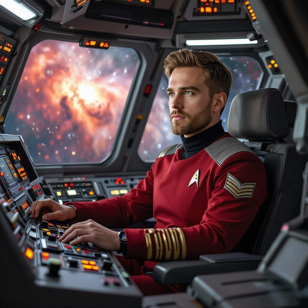 Starfleet Pilot Navigates Nebula in Sci-Fi Cockpit