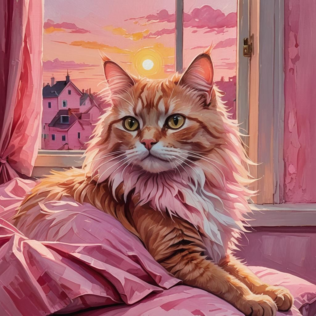 Pink Cat in Pink House: Gouache Fantasy