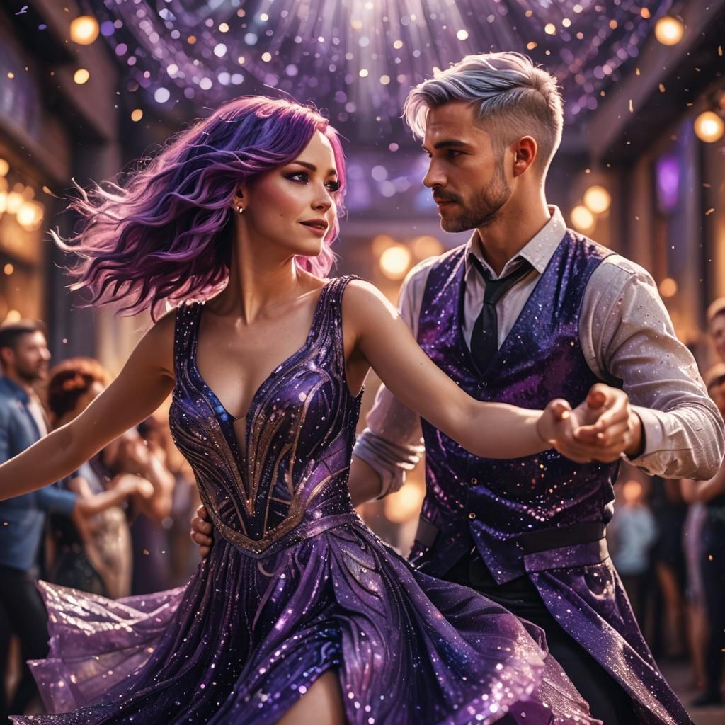 Woman with Purple Hair Dancing in Fantasy Style