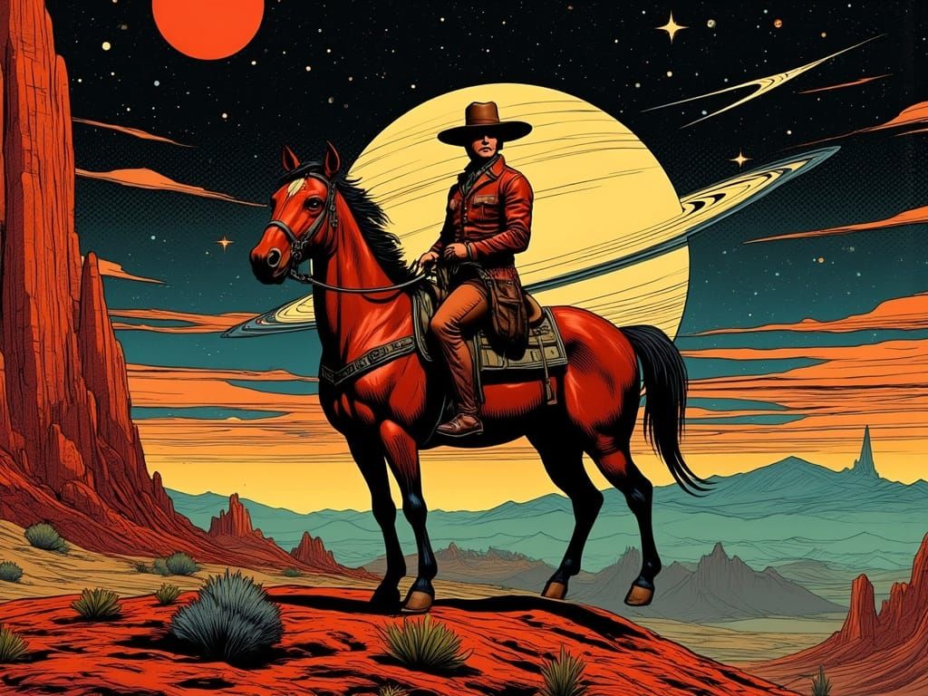 Epic Cowboy on Alien Landscape in Vibrant Comic Book Style