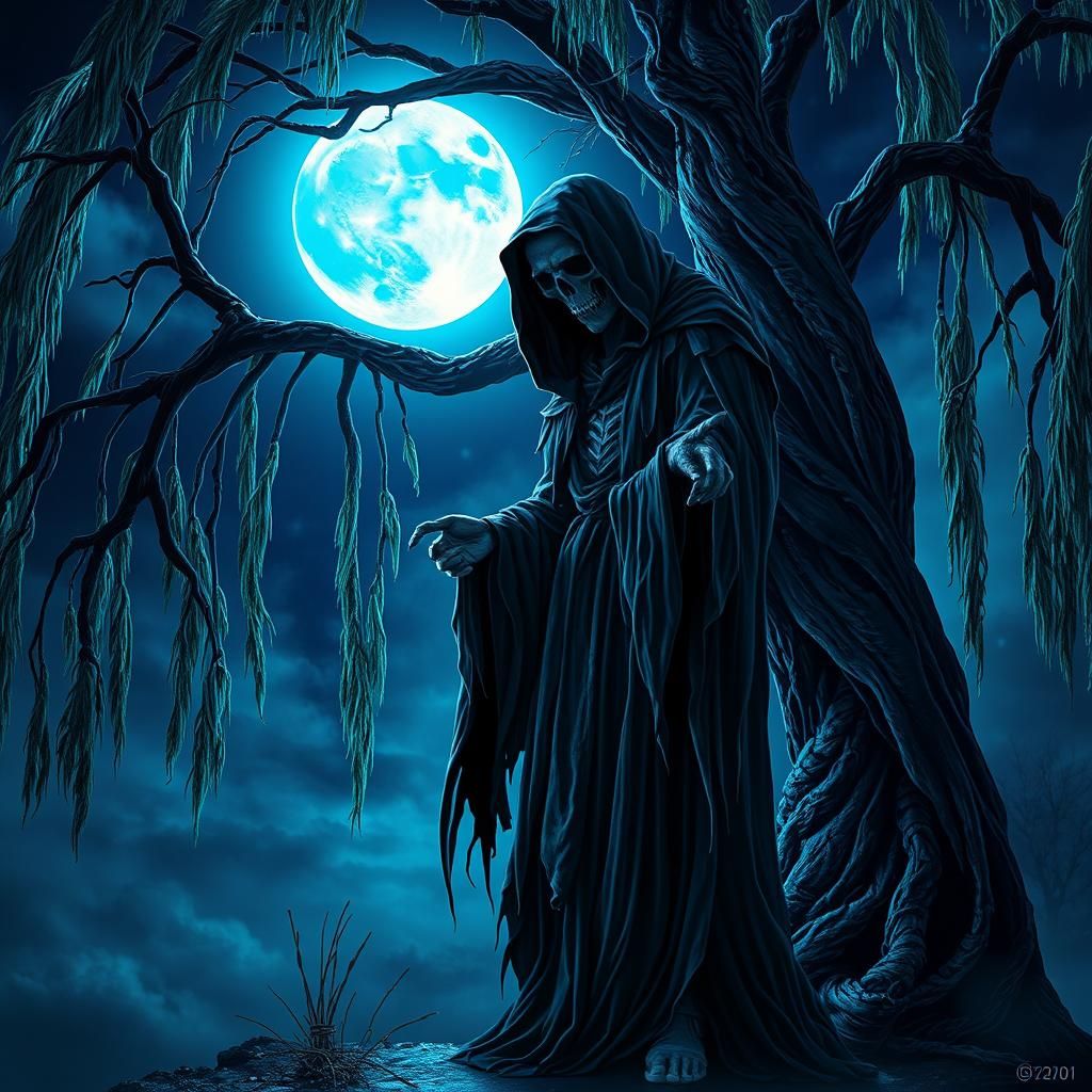 Ethereal Grim Reaper Under Blue Willow Tree